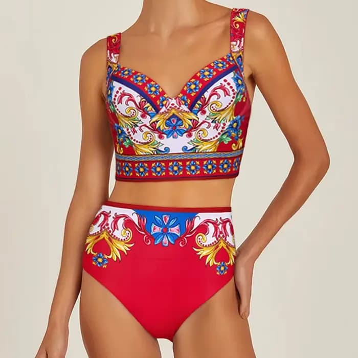 Vintage fronde motif imprimé Bikini ensemble femmes maillots de bain Push Up une pièce maillot