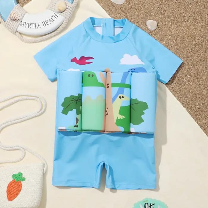Maillot de bain flottant pour enfants, imprimé dinosaure, à manches courtes, pour garçons, vêtements de plage pour sports aquatiques pour tout-petits