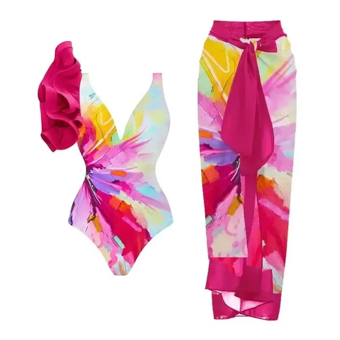 Maillot de bain une pièce imprimé Floral, col en V, à volants, jupe pour femmes, Vintage, vêtements de plage, nouvelle collection été, 2025