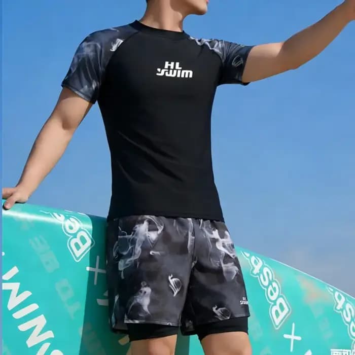 Ensemble de maillot de bain pour hommes, haut et bas à séchage rapide, maillot de bain deux pièces pour garçons, motif floral, tissu en polyester