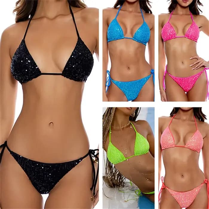 Maillot de bain à paillettes pour femmes, bikini solide, sexy, col licou, ensemble deux pièces, vêtements de plage